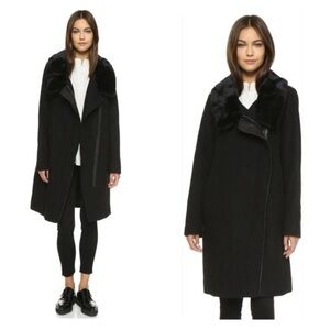 Vince Genuine Rabbit Fur Collar Lamb Leather Asymmetrical Wool Black Coat XS